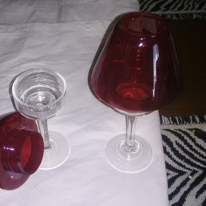Pair of red hurricane candle holder lamps